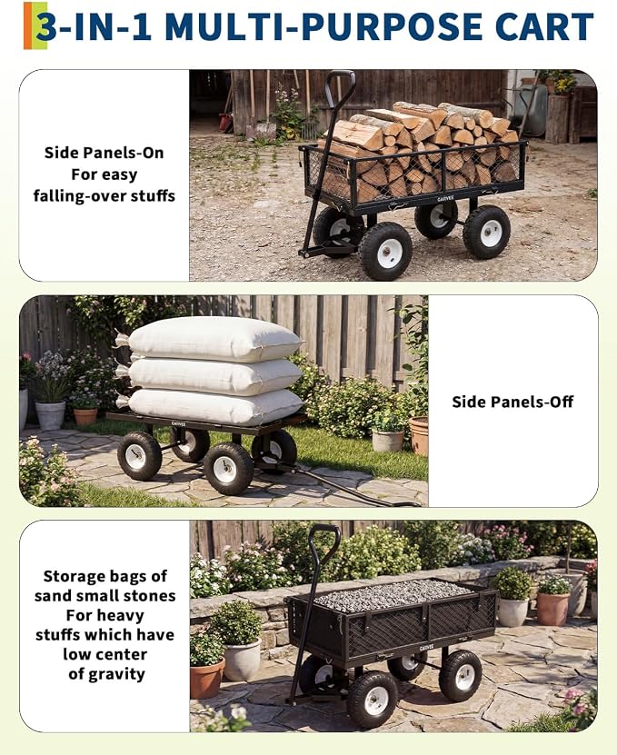 Garvee Versatile Outdoor Utility Cart-400LBS Heavy-Duty, 10" All-Terrain Pneumatic Tires, Easy Maneuverable Lawn Cart with Removable Mesh Panels for Gardening&Landscaping, Black, with Waterproof Liner