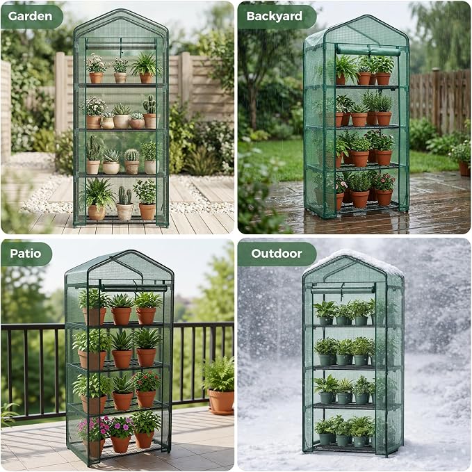 NEWBULIG Mini Greenhouse with Durable PE Cover Roll-up Zipper Door 4 Tier, 27"×19"×63" Small Greenhouse for Outdoors Indoor Balcony, Porch, Garden, Patio, Backyard Green Houses, Green