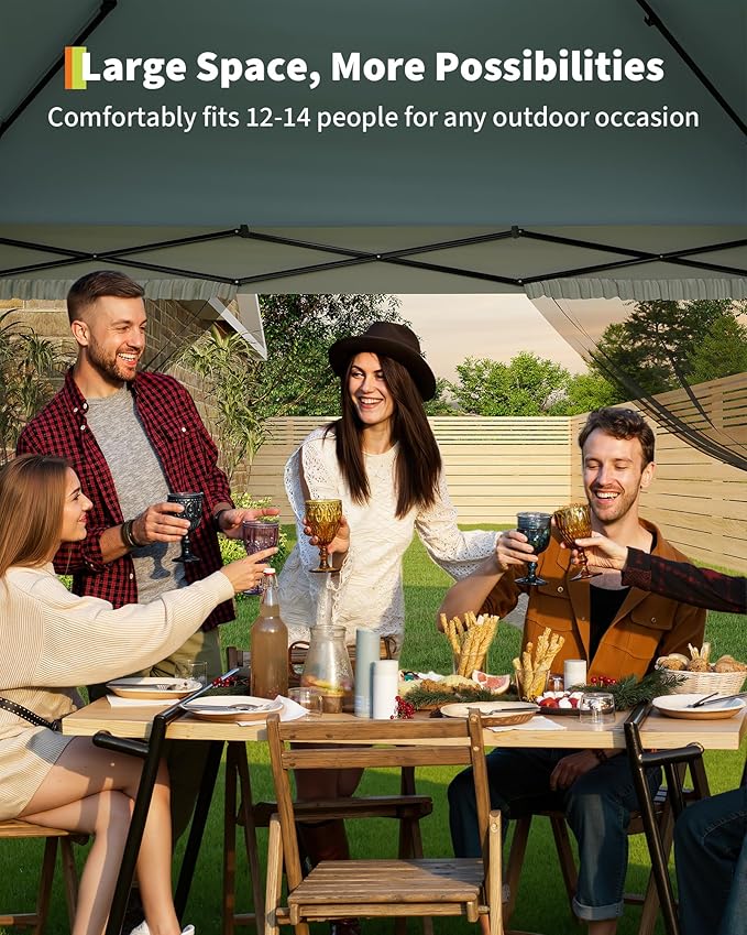GarveeLife Canopy Tent 13x13 ft, Pop Up Gazebo One-Push Setup with 4 SandBags for Backyard Parties and BBQs, Mosquito Netting & Height Adjustable - Green