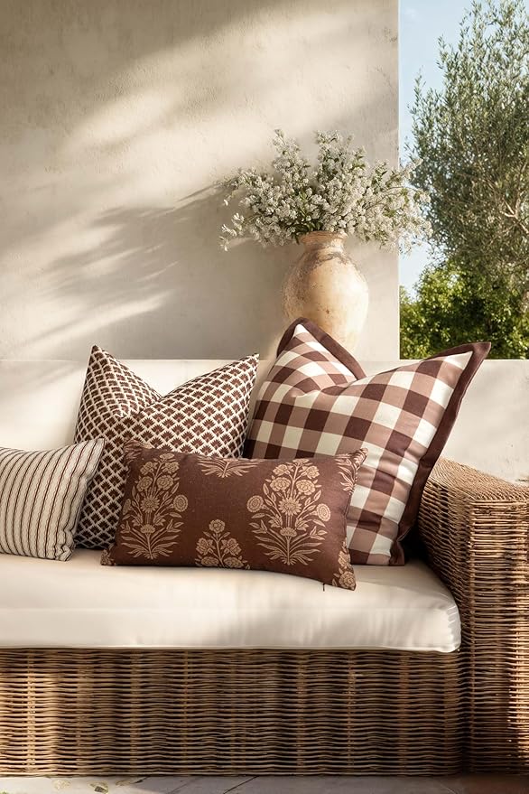 Crumbs Home Modern Farmhouse California Casual Indoor Outdoor Lumbar Pillow Cover, 12"x20" Water Repellent for Patio, Backyard, Couch, Poolside, Cocoa Brown Tan Print Floral