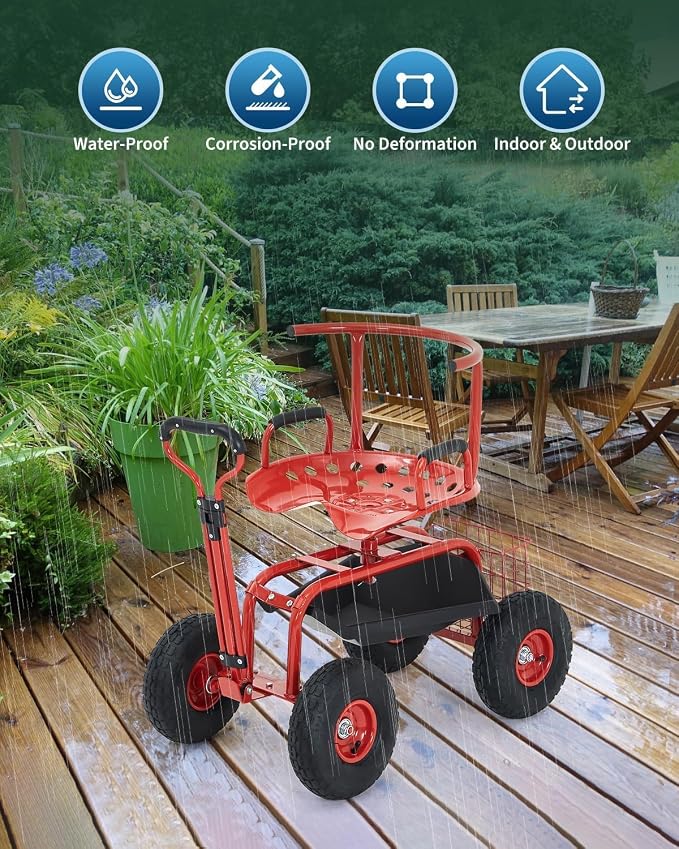Rolling Garden Work Seat with Wheels, 360° Swivel Seat Gardening Cart with Extendable Steering Handle, Tool Tray and Storage Basket, 300 lbs Capacity, Gardening Stools for Patio, Yard, and Outdoors