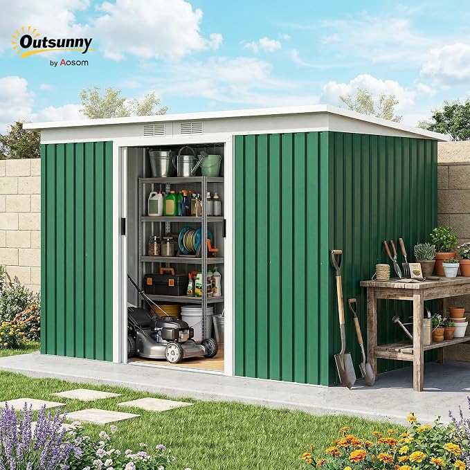 Outsunny 9' x 4' Outdoor Storage Shed, Metal Garden Tool House with Sloping Roof and Lockable Door for Backyard, Bike, Patio, Garage, Lawn, Green