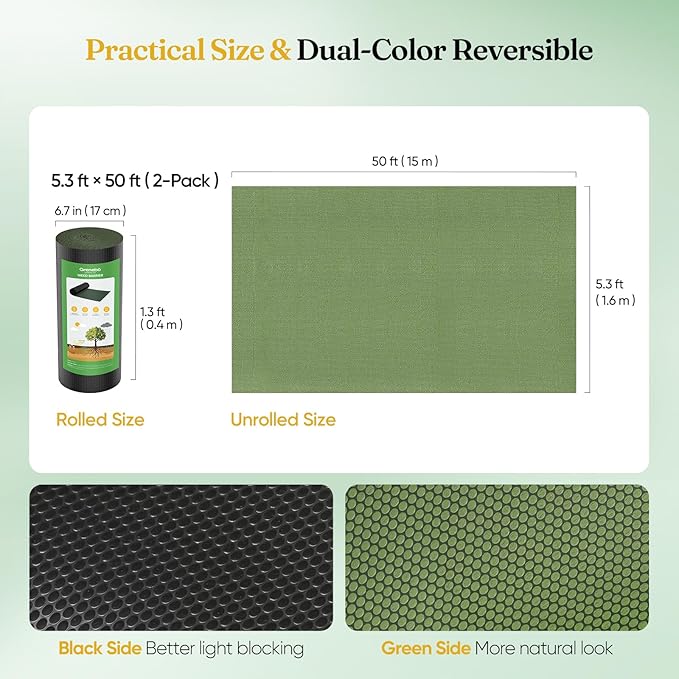 Grenebo Weed Barrier Fabric, 5.3FTx100FT, Non-Woven Landscape Fabric, No-Fraying and Easy to Cut, Highly Permeable and Breathable, with 30 U-Shaped Stakes, for Gardens, Flower Beds and Vegetable Plots