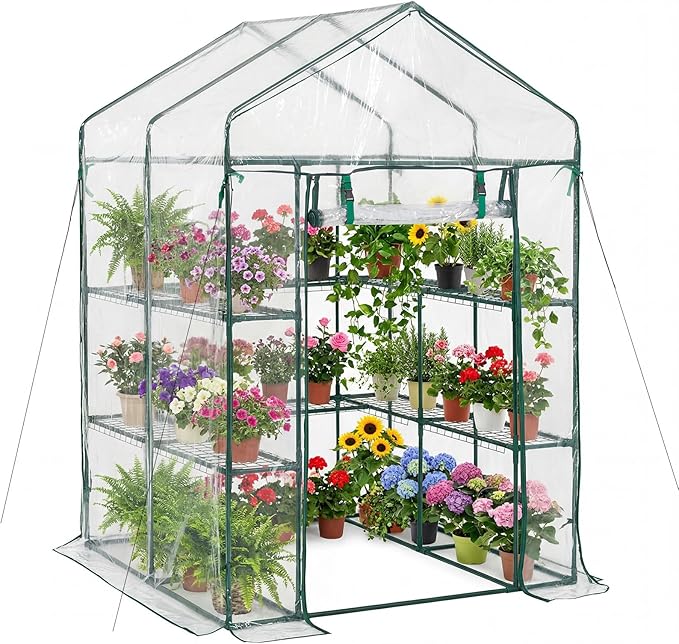 VEVOR Walk-in Greenhouse, 54" x 54" x 77.2" Greenhouse for Outdoors with PVC Cover, 2 Tiers 10 Shelves, Roll-Up Zipper Door, Walk in Green House, Portable Plant Garden Hot House for Backyard Outside