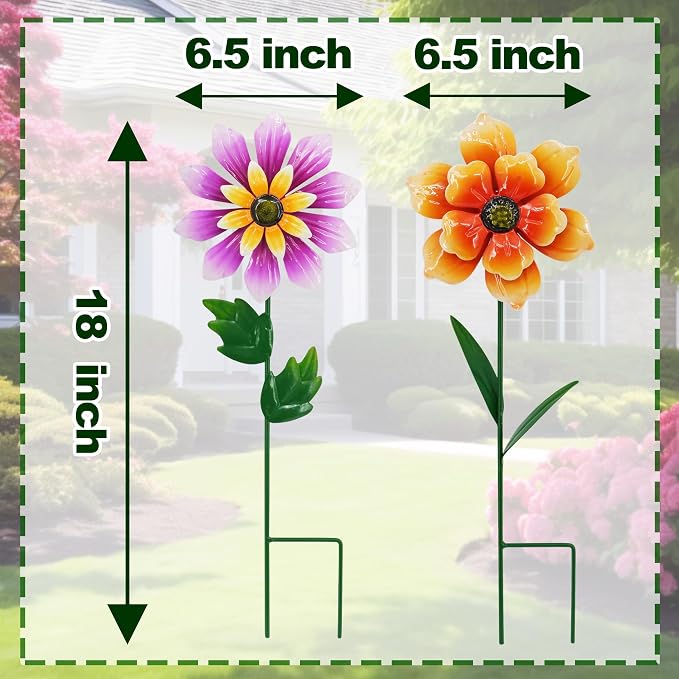 2 Pack Metal Flower Wind Spinner for Yard, 18in Outdoor Garden Stake with Retro Floral Design, Kinetic Patio Lawn Art, Weather Resistant Spring Decor