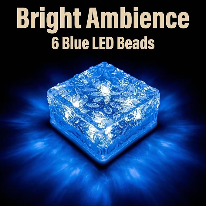 Solar Powered LED Acrylic Brick Lights, Multicolor Water Ripple Design, Waterproof In-Ground Landscape Path Lights for Outdoor Garden Patio Walkway (Blue)