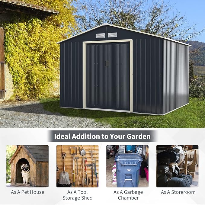 Goplus Storage Shed, Metal 9' X 8' Outdoor Building Organizer with 4 Vents & Double Sliding Door for Garden Backyard Farm (9'X8')