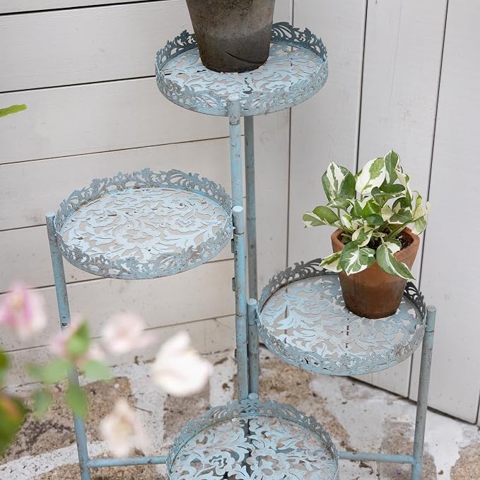 4 Tier Vintage Corner Plant Stand for Indoor Outdoor Distressed Metal Flower Pot Holder Shelves with Ornate Cutout Edges Multi-Level Planter Rack Display Corner Shelf Antique Foldable Tall Plant Shelf for Patio Porch Garden Balcony Living Room (Blue)