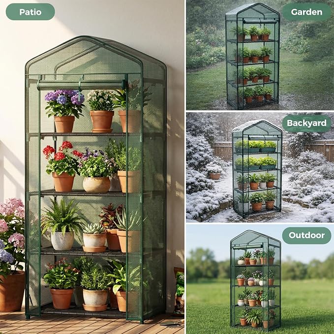 OLIXIS Mini Greenhouse with Durable PE Cover Roll-up Zipper Door, 27"×19"×63" 4 Tier, Small Greenhouse for Outdoors Indoor Balcony, Porch, Garden, Patio, Backyard Green Houses, Green