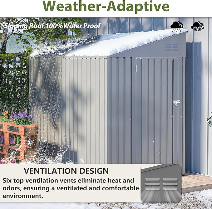 YOPTO 4x7 FT Outdoor Storage Shed,Lean to Lockable Metal Garden Shed Steel with Reinforced Beams,All Weather Waterproof Storage House W/Lockable Door&2 Air Vents,for Backyard,Patio,Lawn,Garden,Gray