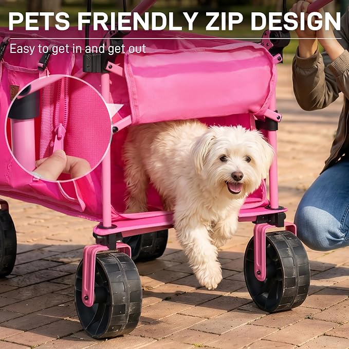 EVER ADVANCED Folding Push Wagon with Canopy, Portable Shopping Cart with Brakes, Collapsible Wagon Cart with All-Terrain Big Wheels for Camping, Beach, Sports