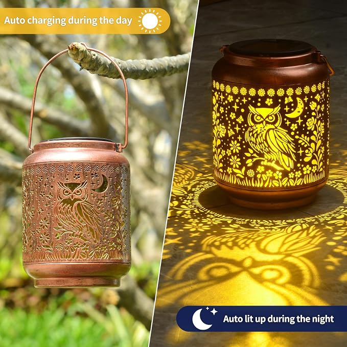 Solar Owl Lantern, OWL Lover Gifts, Metal Decorative Light for Yard, Patio, Lawn, Tabletop, Pathway, Landscape, Garden Decor