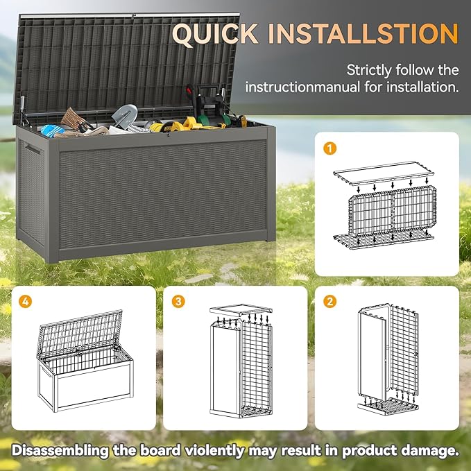 KAMABOKO 300 Gallon Outdoor Storage Box, Resin Deck Boxes Indoor and outdoor, Waterproof Storage Box Lockable Lid for Garden Tools, Package Delivery, Patio Cushions, Grey