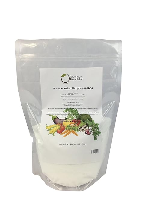 Greenway Biotech, Inc. Monopotassium Phosphate Fertilizer 0-52-34-100% Water Soluble Hydroponics for Root Strength - Increase Yield and Blooming - High Purity Plant Nutrient Formula - 5 Pounds