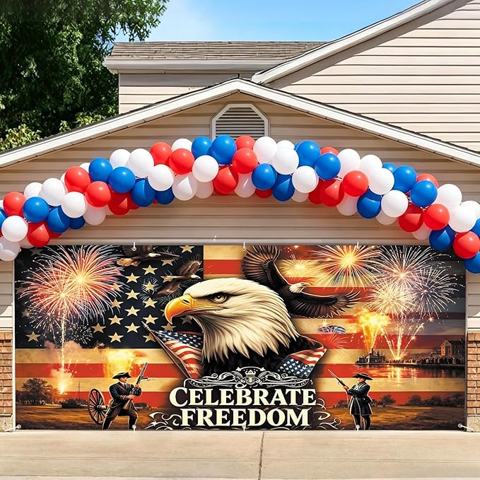 7 * 16FT Summer Garage Door Cover Decorations Sunset Palm Trees Garage Door Banner for Outdoor Indoor Summer Party Photography Backdrop (celebrate freedom, 7 * 16 ft)
