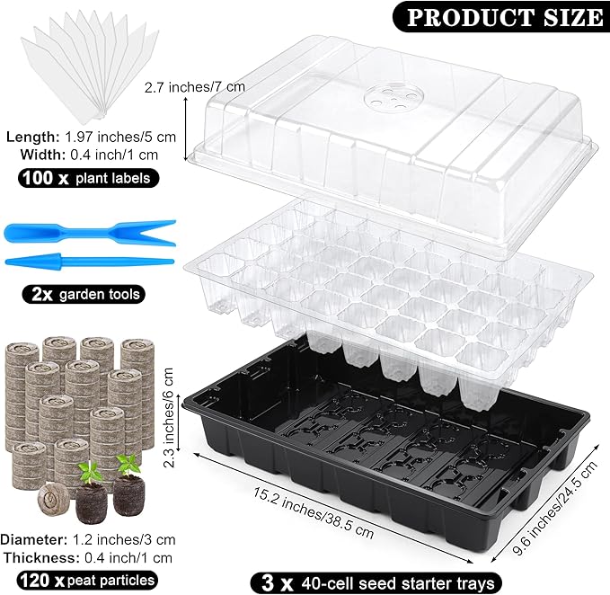 Hahood 3 Pack Seed Starter Tray Kit 120-Cells Germination Starter Tray with Humidity Dome and Base Including 120 Peat Pellets, Plant Labels, Tool, Plastic Plant Growing Tray for Garden Planting, Black