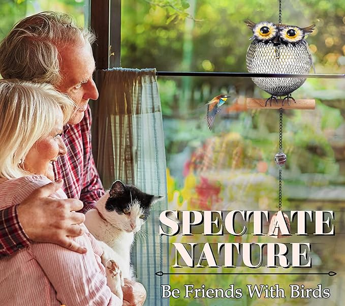 Solar Owl Bird Feeder Squirrel Proof for Outside - Unique Cute Metal Animal Shaped Wild Bird Feeder with Solar Light, Wind Chime, Gift for Bird Lovers(Owl)