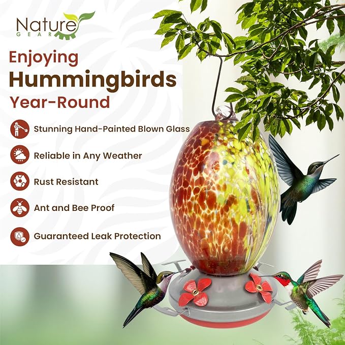 Nature Gear Glass Hummingbird Feeder for Outdoors, Hanging Bird Feeder with Ant Moat, Hand-Blown Glass Garden Feeder, Easy Clean Wide Mouth, Rust Resistant, 38 oz, Volcano Red