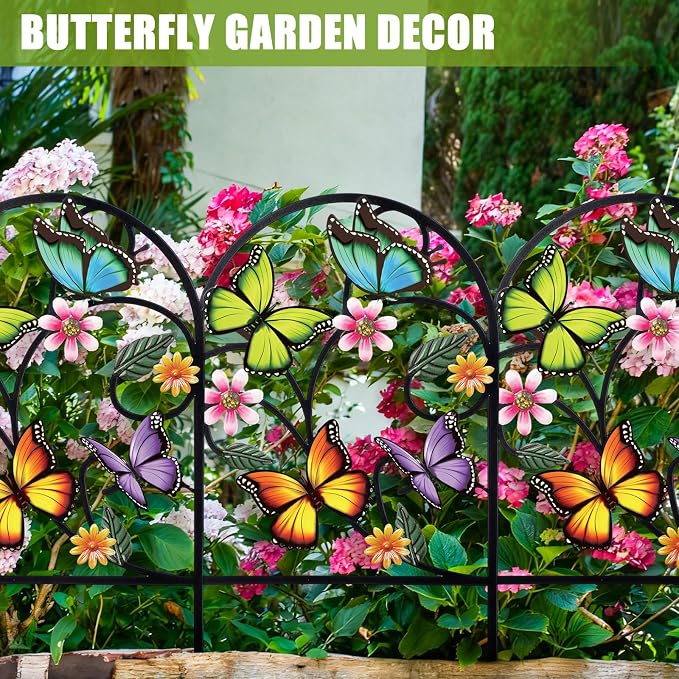 Yaocom 12 Pack Bright Butterfly Decorative Garden Fence 23.5''H x 13'W Animal Barrier Border Butterfly Flower Design Metal Arch Garden Fence Border for Spring Outdoor Patio Yard Landscape Decor