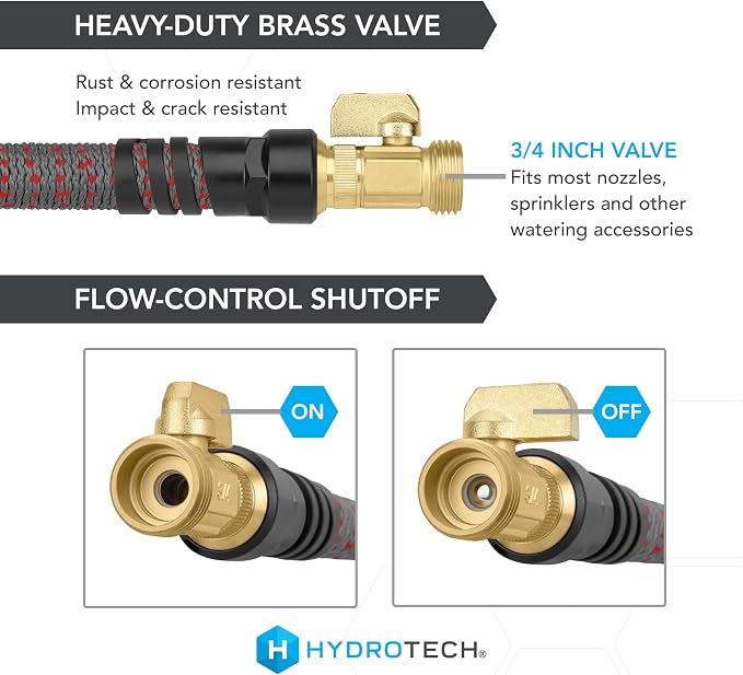 HydroTech 5/8" 200 ft Expandable Garden Hose - Flexible, Lightweight, Durable and Burst-Proof Hose with Reinforced Latex Core and Solid Brass Fittings - Great for Lawn Care, Garden, and Car Washing