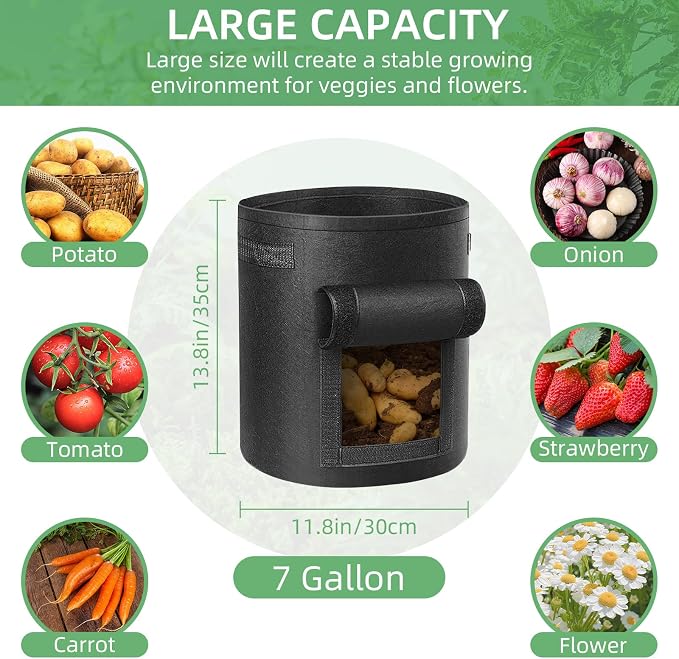 LITLANDSTAR 6 Pack 7 Gallon Potato Grow Bags, Heavy Duty Nonwoven Fabric Garden Planting Bag Plant Container with Flap and Handles, Aeration Fabric Pots for Growing Vegetable, Fruits and Flowers