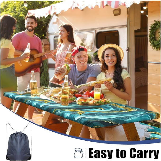 Smiry Picnic Table Cover with Bench Covers, Waterproof Elastic Fitted Tablecloth for 5 Foot Tables, Washable Polyester Tablecloths for Camping, Indoor & Outdoor (Teal & Gold, 30x60 Inch 3-pc Set)
