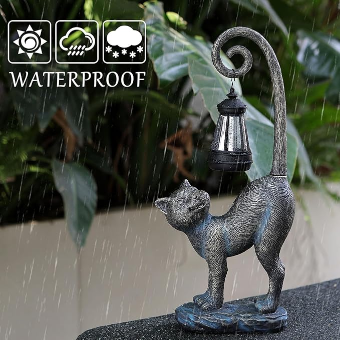 Fathers Day Decorations Gifts Outdoor Cat Garden Statues with Solar Lights, Home Decor Cat Figurines for Lawn,Patio,Balcony,Porch,Yard Art Ornament- Birthday Gifts for Women Grandma Sister