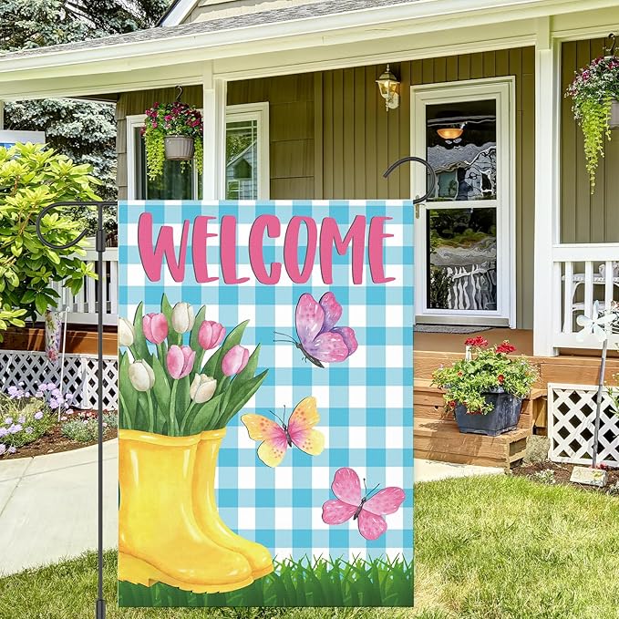 Spring Garden Flag 12"x18" Welcome Yellow Rain Boots with Pink Tulips Butterflies Blue Gingham Background Double Sided Outdoor Yard Porch Decor