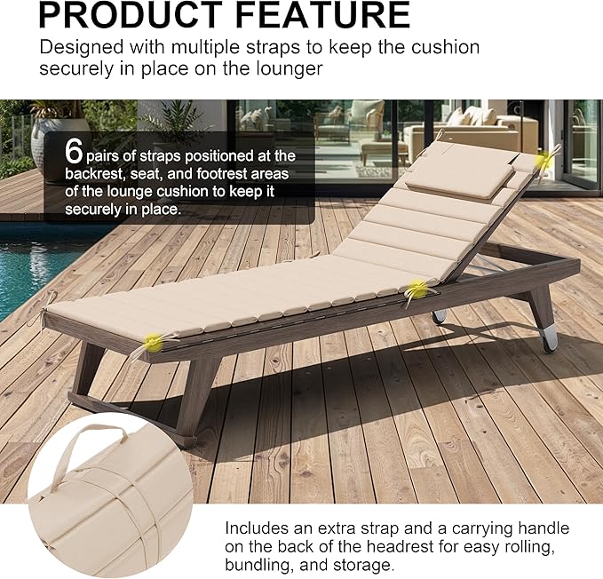 Crestlive Products Chaise Lounge Cushion Outdoor Set of 2, Foldable Waterproof Pool Lounge Chair Cushions with Straps, Lounger Cushions for Outdoor Furniture, 80''Lx26''W (Beige)
