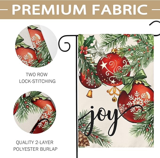 Christmas Garden Flag 12x18 Inch Green Leaves Red Xmas Ball Joy Holiday Winter Decorative Yard Flags for Outside Double Sided Seasonal Outdoor Home Farmhouse Decoration Porch New Year Decor
