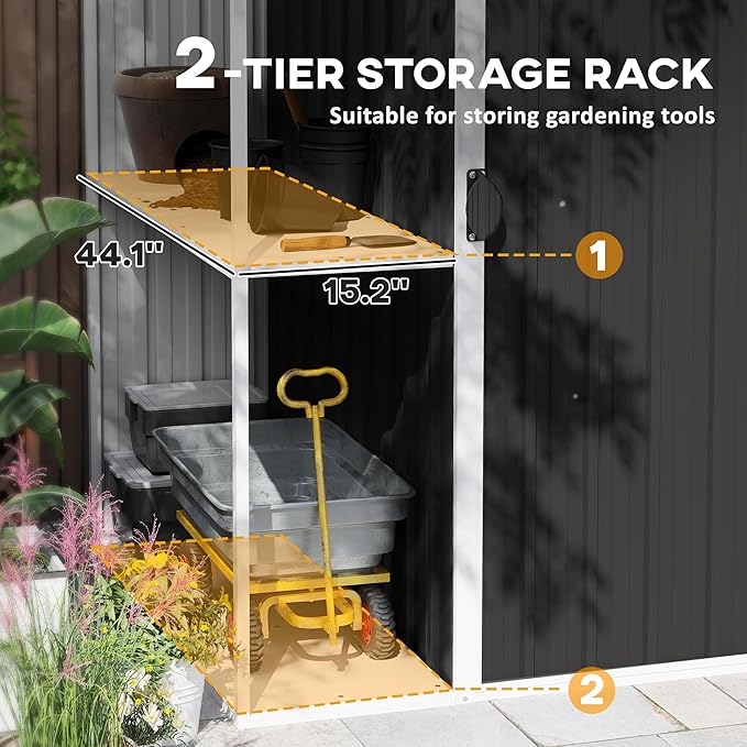 Outsunny 8 x 4ft Outdoor Storage Shed with Lock, 2-Tier Storage Rack, Air Vents, Garden Tool Shed for Backyard, Patio, Lawn, Dark Gray