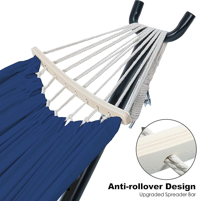 Gafete Double Hammock with Stand for Outside, Upgraded Spreader Bar, Heavy Duty Space Saving Steel Stand 2 Person, Side Pockets, Easy Assembly, 600lbs Weight Capacity, Indoor & Outdoor (Navy Blue)