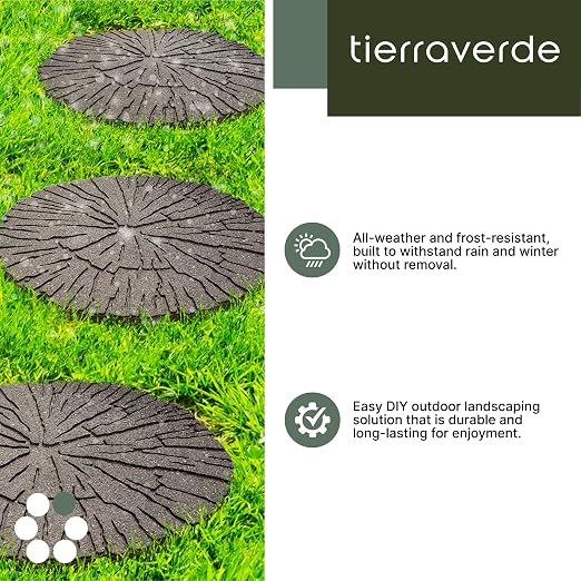 Tierra Verde 4-Pack 18”x18” Fake Cracked Log Rubber Stepping Stones, Round, Brown – Reversible Non-Slip Outdoor Faux Decorative Set for Landscaping – DIY Decor for Walkways & Yard Pathways