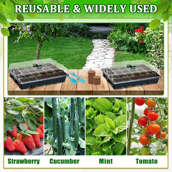 Halatool 2 Set Seed Starter Tray Kits, 2 Pack Germination Tray with 50 Pcs Coco Pellets, Greenhouse Indoor Seed Germination System for Herbs Vegetables Flowers, Seed Starter Kit