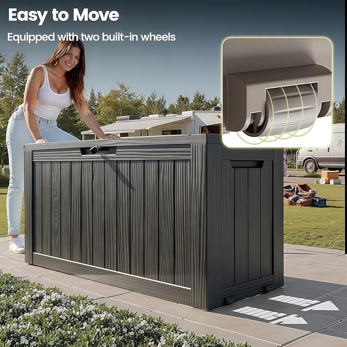 75 Gallon Outdoor Storage Box, Waterproof Resin Deck Box for Patio Cushions & Gardening Tools, Lockable Indoor/Outdoor Storage Bin, Sleek Black Design