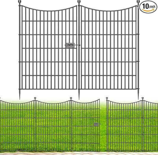 10 Panels Decorative Garden Fence with Gate, 40 in(H) X 23.6 ft(L) No Dig Dog Fence Animal Barrier Outdoor for Yard, Rustproof Metal Garden Edging and Borders, Temporary Fencing Stakes