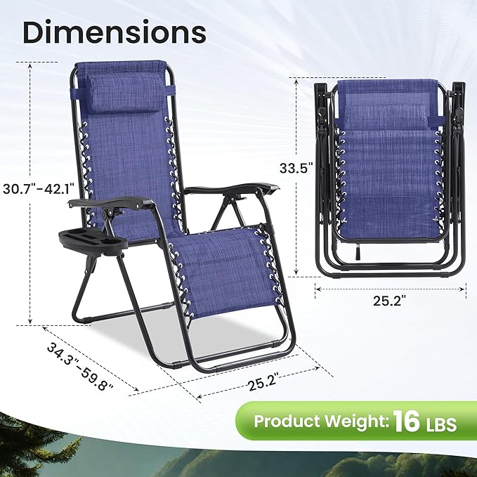 Zero Gravity Chair Set of 2 Oversized Folding Recliner, Padded Anti Gravity Lounge Chair with Adjustable Pillow & Cup Holder for Outdoor Camping, Patio, Poolside, Lawn (Blue)
