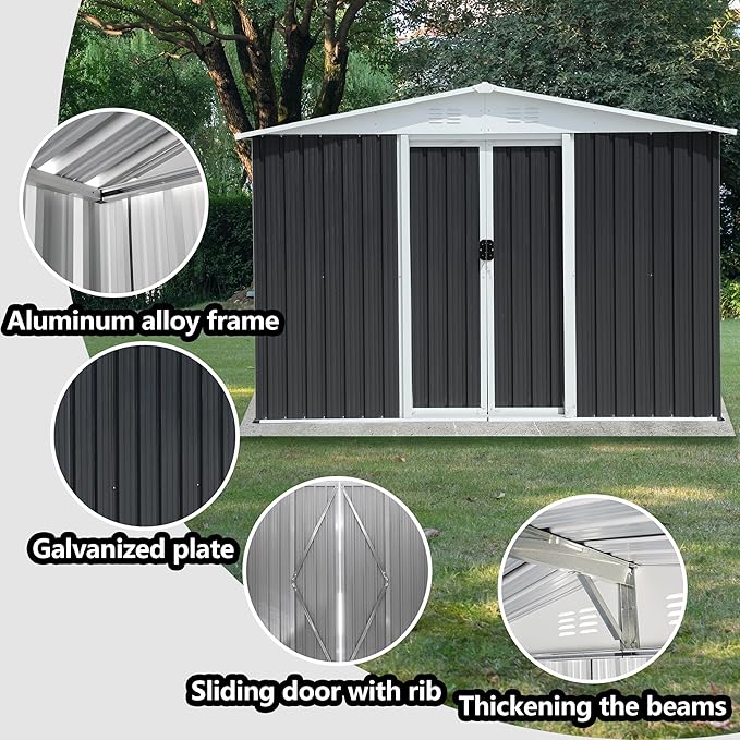 YOPTO 8x6 FT Outdoor Storage Shed,Metal Shed with Sliding Door & Air Vent,Garden Shed W/Sloped Roof,All Weather Waterproof Tool House for Backyard,Patio,Garage,Lawn,Grey