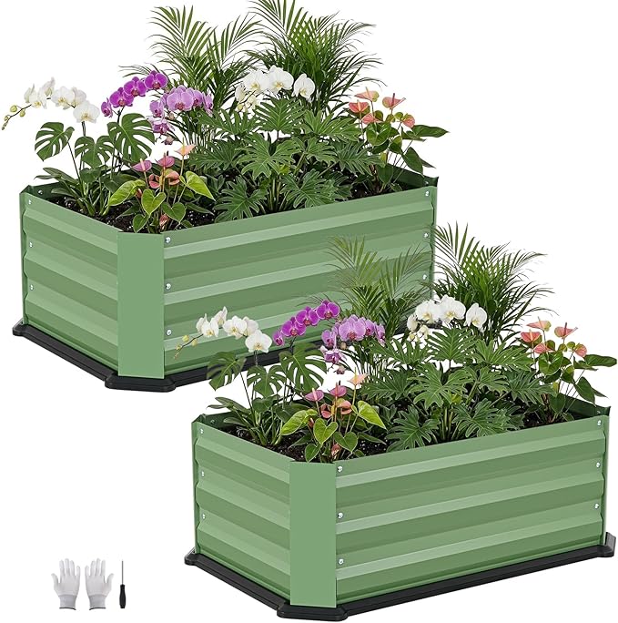 2 Pcs Galvanized Raised Garden Bed with Bottom, Indoor Metal Raised Garden Beds, Easy Assembly No leaks & Rust-Proof Flower Bed, Outdoor Planter Box for Vegetables, Herbs, Patio, Balcony, Green