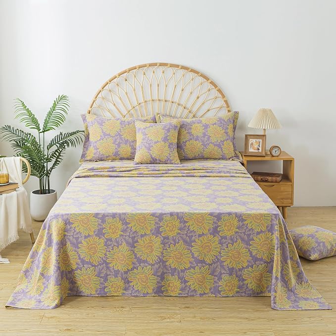 FADFAY Sunflower Sheets Set King Vintage Yellow Purple Floral Bedding Shabby Farmhouse Bedding Super Soft Washed Double -Layer Muslin Sheets 100% Cotton Deep Pocket Fitted Sheet 4Pcs, King Size