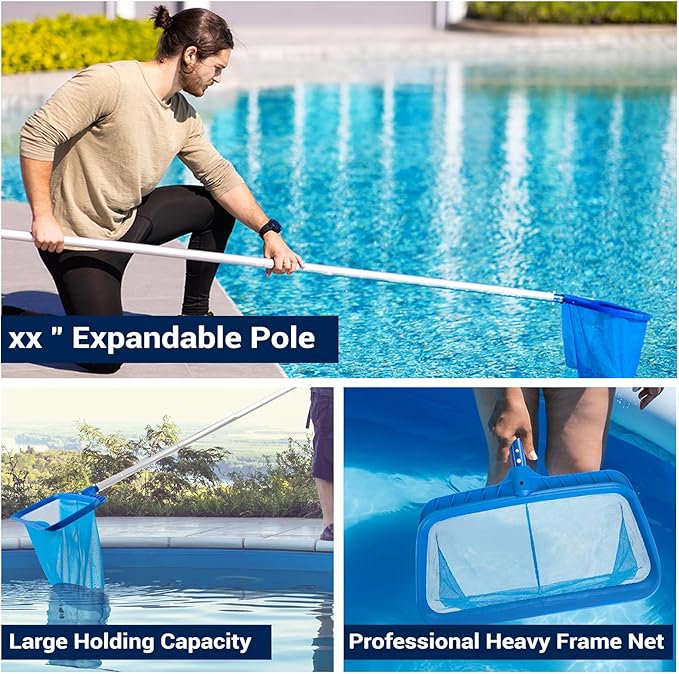 Pool Skimmer - Pool Net with Pole, 4 Section, 26.4"-66.5" Thick Adjustable Telescopic Pole & Fine Mesh Pool Skimmer Net,Larger Capacity Pool Nets for Cleaning, Durable Deep Rake Pool Net Skimmer