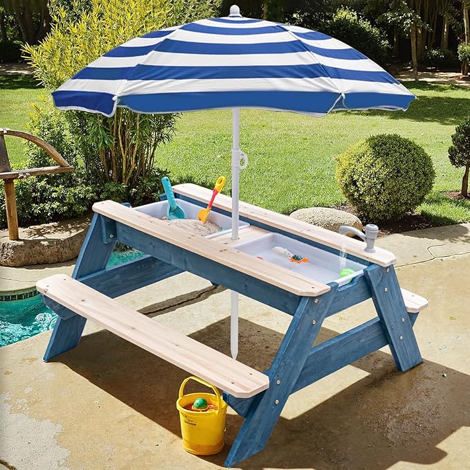 Kids 3-in-1 Sand & Water Table, Wood Outdoor Convertible Picnic Table w/Umbrella, 2 Trays, Removable Top with Faucet, Picnic Table for Outdoor Playset (Blue/Navy)