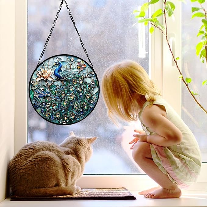 DASTOLL Stained Glass Window Hanging, Blue Peacock Decoration Suncatcher for Door Garden Home Flower Bird Sun Catchers Christmas Mother's Day Birthday Gifts for Women Men Mom Nana Friend 7.8 in
