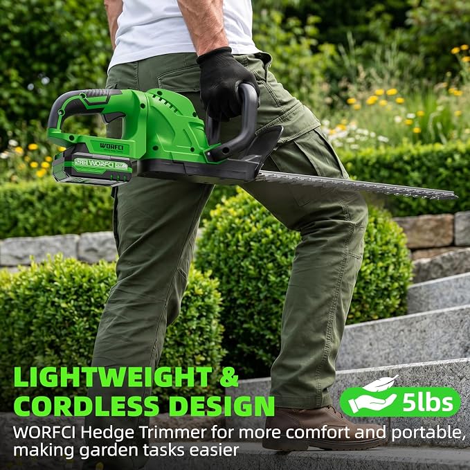 20-Inch Cordless Hedge Trimmer (Includes 2 Batteries and Charger), Electric Handheld Bush Trimmer, 180° Rotatable Handle, Grass Shrub Trimmers, Lightweight & Compact Green