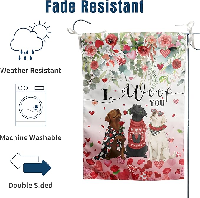 Dog Valentine House Flag 28 x 40 Double Sided Valentines Day Outdoor Decorations White Black Lab Garden Signs Chocolate Labrador Love Heart Yard Banner for Outside