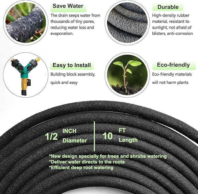 1-PACK 10 FT 1/2" Soaker Hose Slow Release Tree Watering Ring, Automatic Drip Irrigation Watering System, Tree Soaker Ring Hose Great for Deep Root Watering for Trees and Shrubs