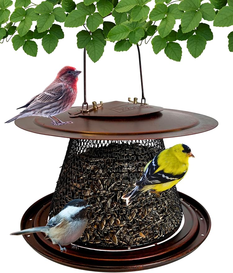 Copper Collapsible Mesh Feeder with Tray - Hanging Bird Feeder - Holds 12 Cups of Sunflower Seeds