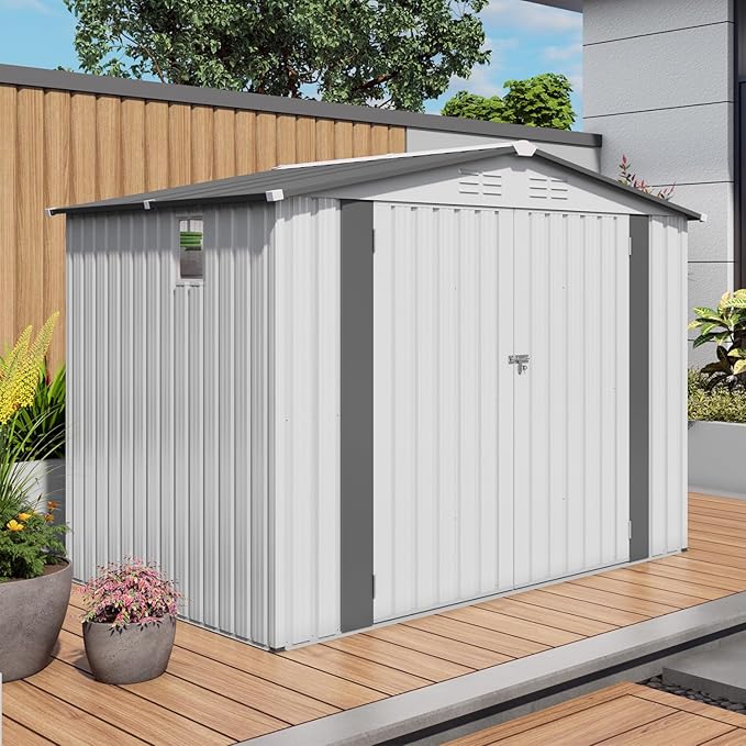 8x6FT Metal Storage Shed Outdoor Garden Tool Shed, Galvanized Steel Weather Resistant Backyard Organizer with Lockable Door, Waterproof Utility Storage House for Patio Courtyard Equipment Storage