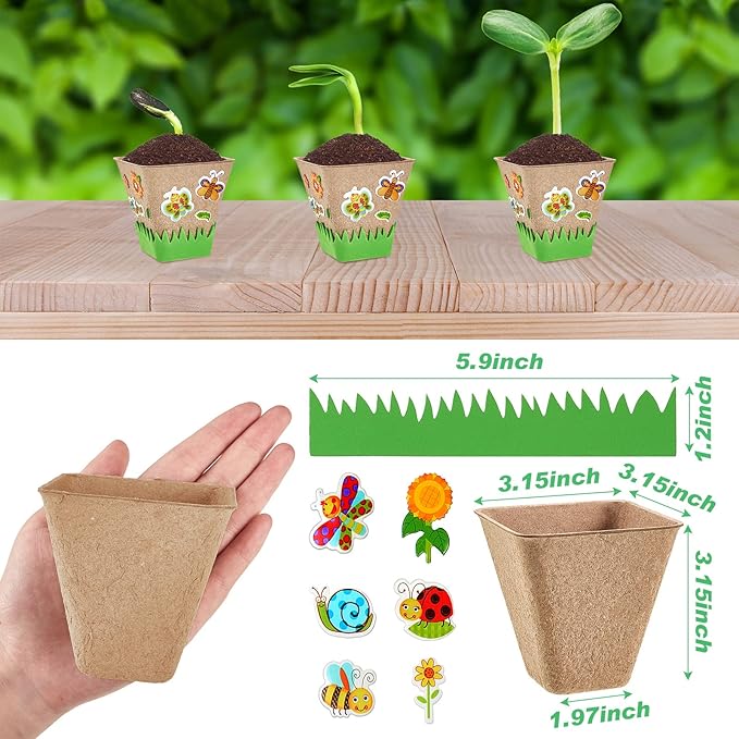 Gueevin 100 Pack Garden Paper Pot Craft Kit Flower Plant Spring Craft Including Peat Plant Pots Adhesive Foam Stickers Pot Stickers EVA Grass for Adults DIY Flower Planting Growing, Square