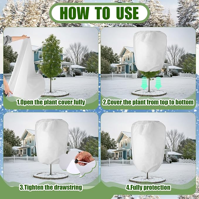 SATINIOR 16 Pcs 47 x 71 Inch Plant Covers Freeze Protection, Reusable Plant Protector Frost Cloth Warm Blankets, Winter Bush Tree Cover with Drawstring Outdoor (White)
